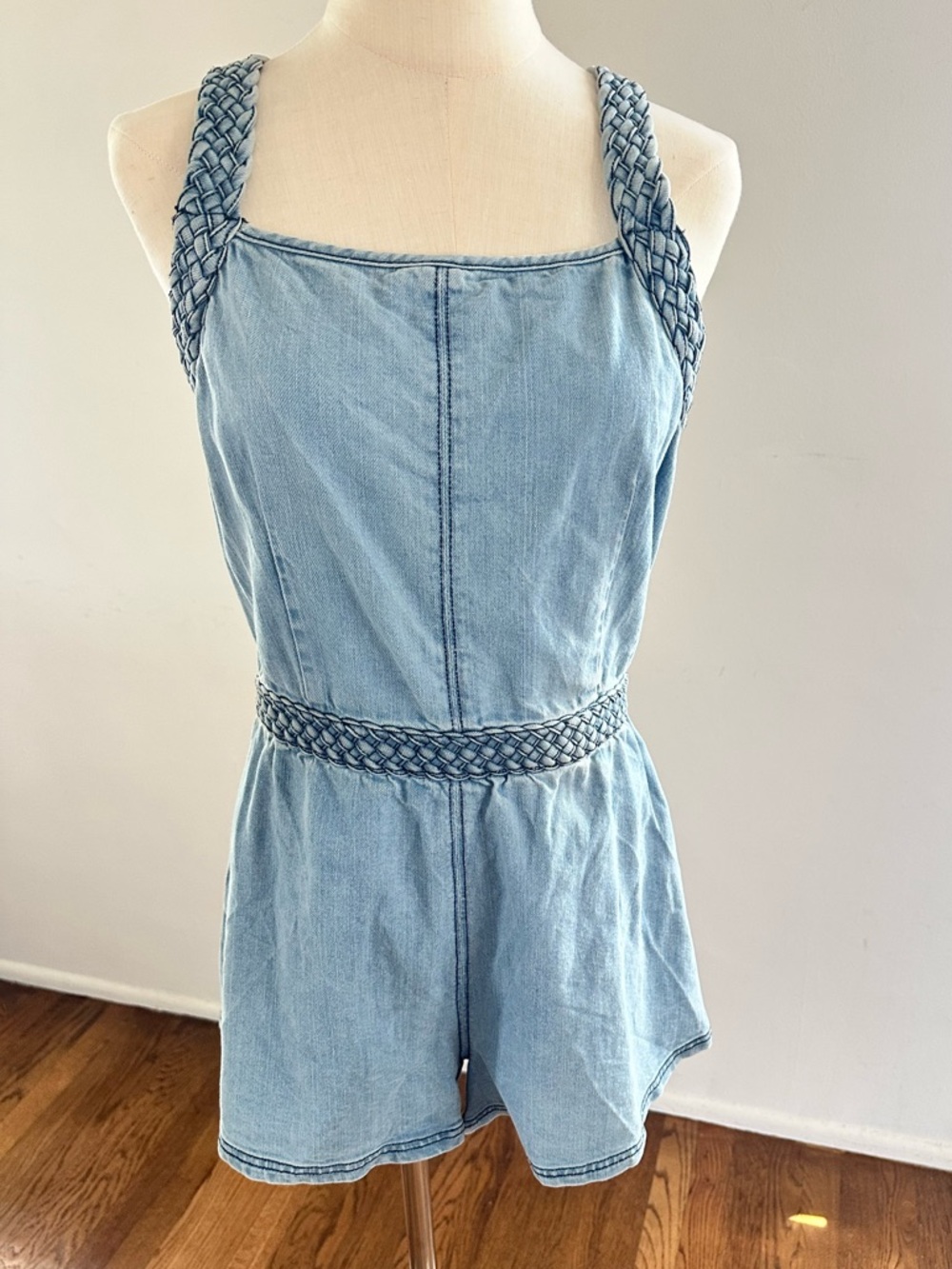 Free People Chambray Romper Braided Strap Open Back Fit & Flare Boho Large